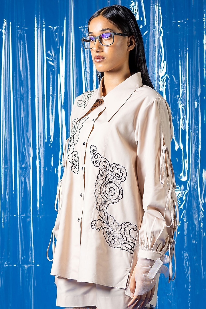 Nude Cotton Sequin Embroidered Shirt by ANGSA BY NIDHIR & SHELLY at Pernia's Pop Up Shop