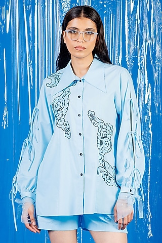 Sky Blue Cotton Sequin Embroidered Shirt by ANGSA BY NIDHIR & SHELLY