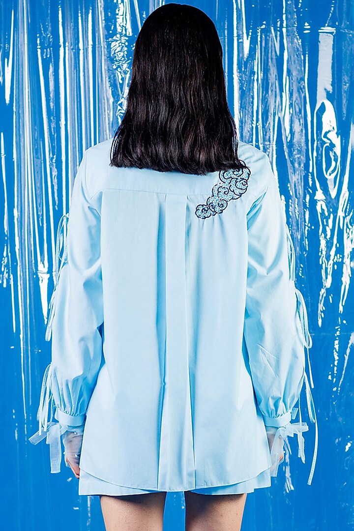 Sky Blue Cotton Sequin Embroidered Shirt by ANGSA BY NIDHIR & SHELLY at Pernia's Pop Up Shop