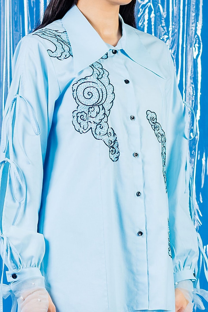 Sky Blue Cotton Sequin Embroidered Shirt by ANGSA BY NIDHIR & SHELLY at Pernia's Pop Up Shop