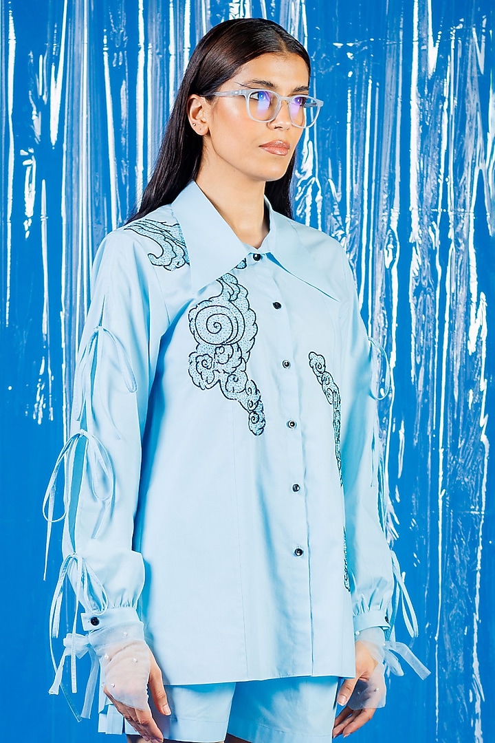 Sky Blue Cotton Sequin Embroidered Shirt by ANGSA BY NIDHIR & SHELLY at Pernia's Pop Up Shop