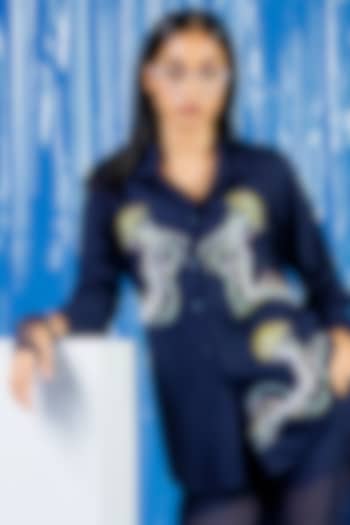 Navy Blue Cotton Pearl Embroidered Shirt by ANGSA BY NIDHIR & SHELLY at Pernia's Pop Up Shop