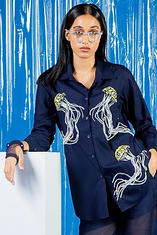Navy Blue Cotton Pearl Embroidered Shirt by ANGSA BY NIDHIR & SHELLY