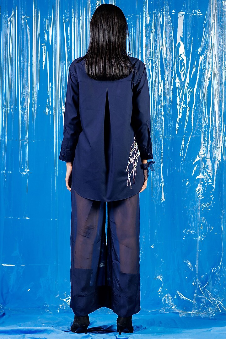 Navy Blue Cotton Pearl Embroidered Shirt by ANGSA BY NIDHIR & SHELLY at Pernia's Pop Up Shop