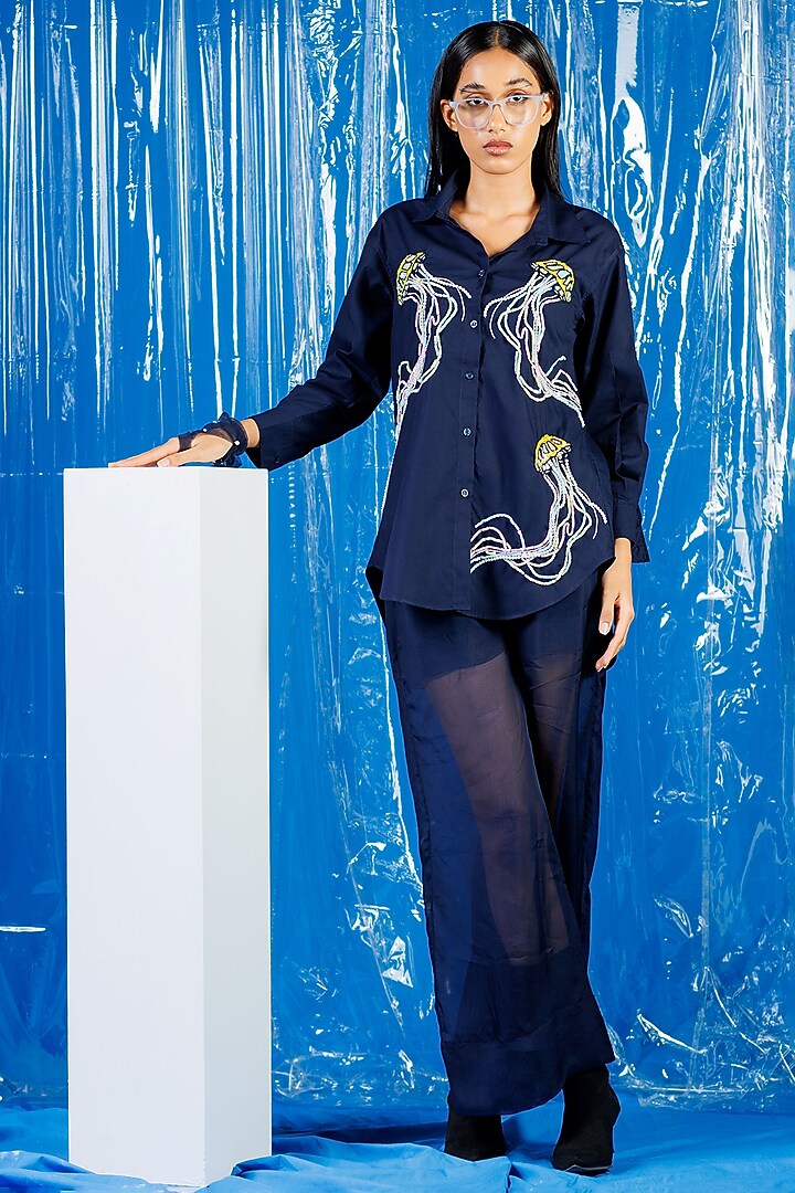 Navy Blue Cotton Pearl Embroidered Shirt by ANGSA BY NIDHIR & SHELLY at Pernia's Pop Up Shop