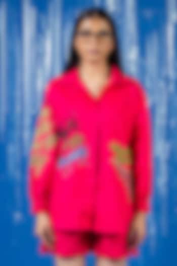 Magenta Cotton Sequin Embroidered Oversized Shirt by ANGSA BY NIDHIR & SHELLY at Pernia's Pop Up Shop
