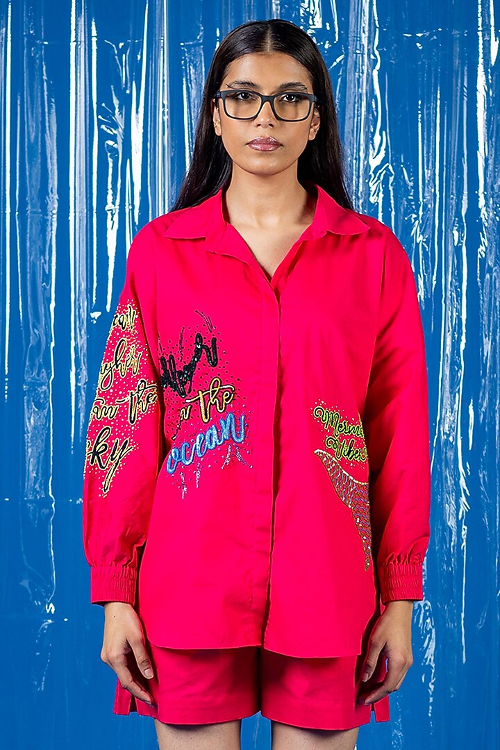 Magenta Cotton Sequin Embroidered Oversized Shirt by ANGSA BY NIDHIR & SHELLY at Pernia's Pop Up Shop