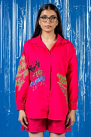 Magenta Cotton Sequin Embroidered Oversized Shirt by ANGSA BY NIDHIR & SHELLY