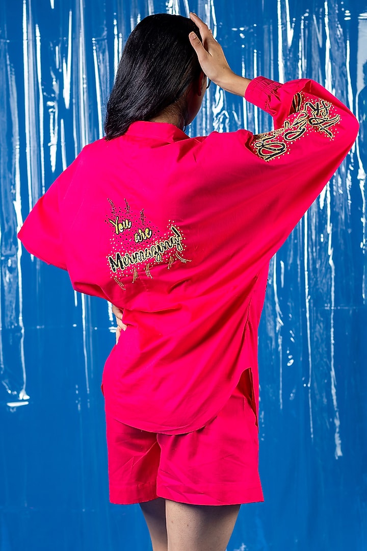 Magenta Cotton Sequin Embroidered Oversized Shirt by ANGSA BY NIDHIR & SHELLY at Pernia's Pop Up Shop