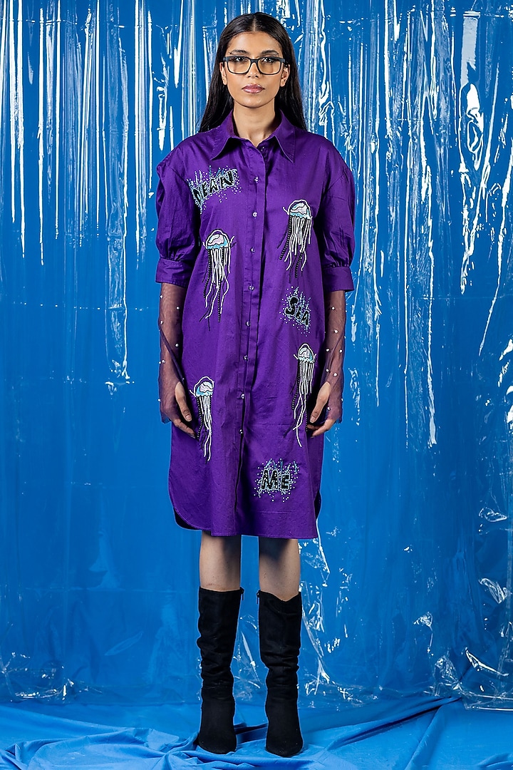 Purple Cotton Zardosi Embroidered Shirt Dress by ANGSA BY NIDHIR & SHELLY at Pernia's Pop Up Shop