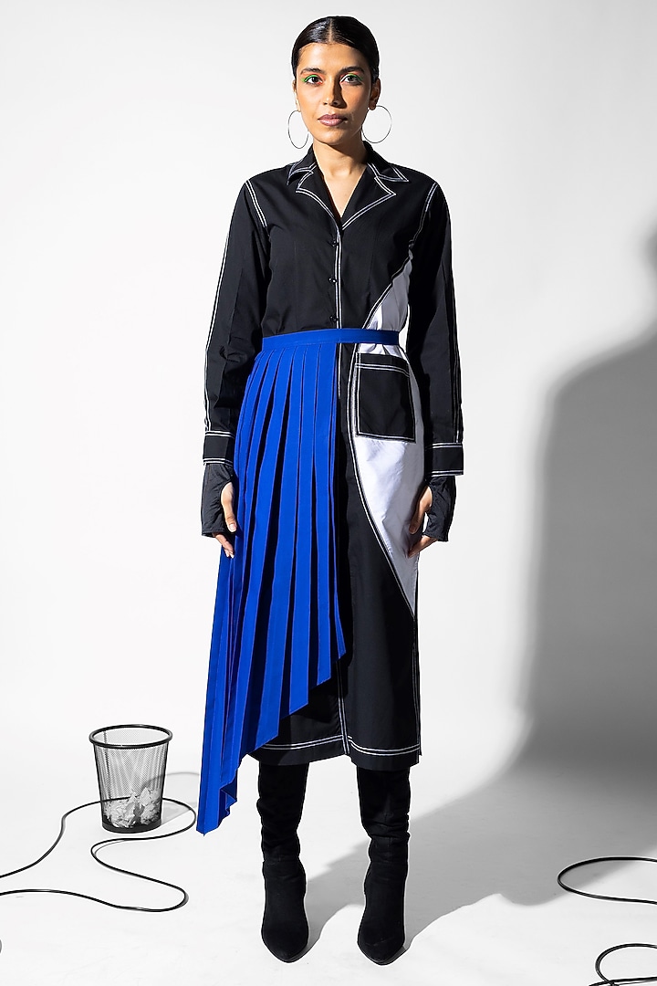 Black & Royal Blue Cotton Summer Dress With Detachable Pleated Skirt by ANGSA BY NIDHIR & SHELLY at Pernia's Pop Up Shop