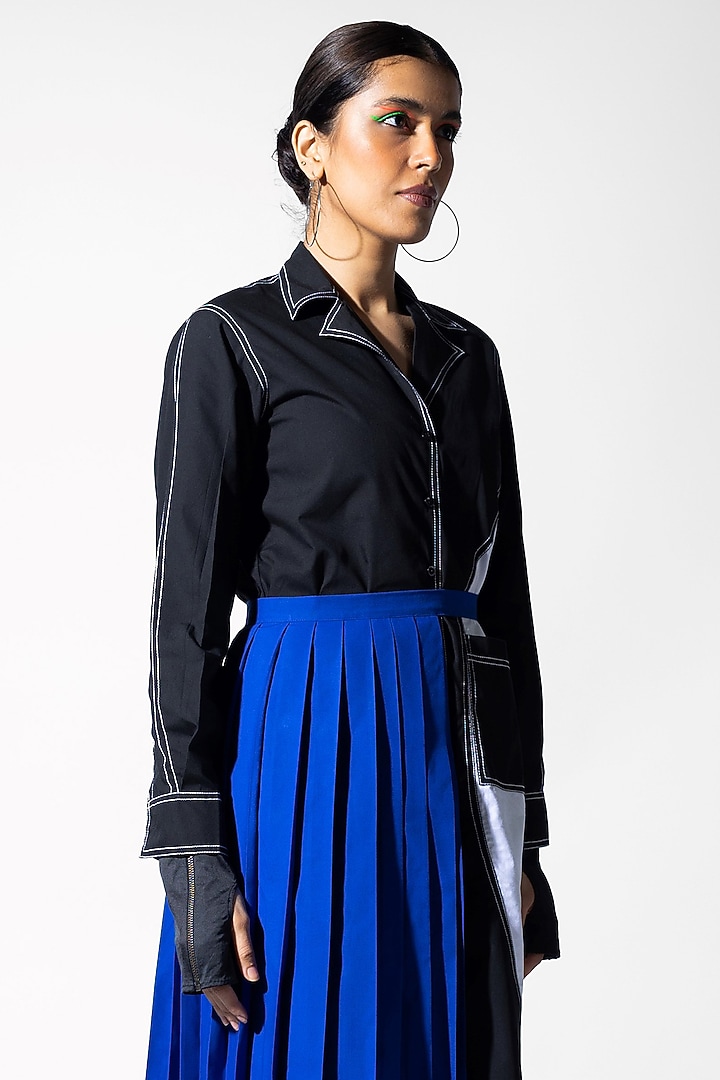 Black & Royal Blue Cotton Summer Dress With Detachable Pleated Skirt by ANGSA BY NIDHIR & SHELLY at Pernia's Pop Up Shop