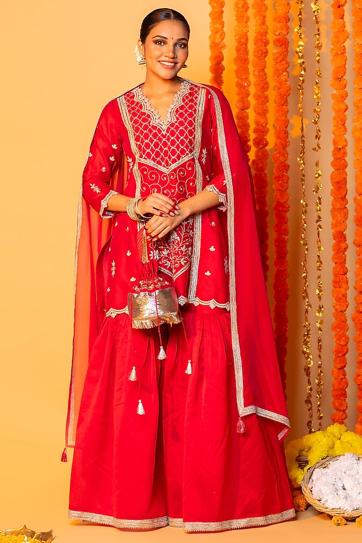 Rani Pink Chanderi Silk Gharara Set by ANGSA BY NIDHIR & SHELLY