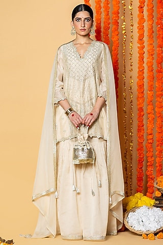 Beige Chanderi Silk Gharara Set by ANGSA BY NIDHIR & SHELLY
