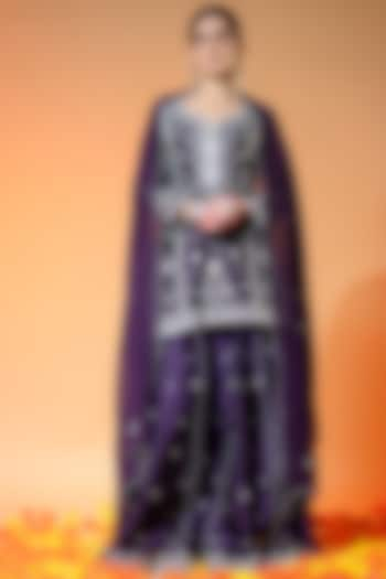 Purple Chanderi Silk Gota Patti Embroidered Flared Sharara Set by ANGSA BY NIDHIR & SHELLY at Pernia's Pop Up Shop