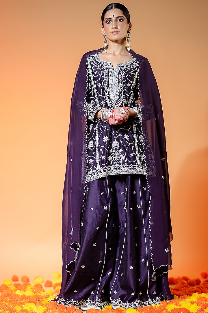 Purple Chanderi Silk Gota Patti Embroidered Flared Sharara Set by ANGSA BY NIDHIR & SHELLY at Pernia's Pop Up Shop