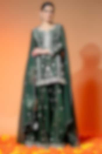 Bottle Green Chanderi Silk Gota Patti Embroidered Flared Sharara Set by ANGSA BY NIDHIR & SHELLY at Pernia's Pop Up Shop