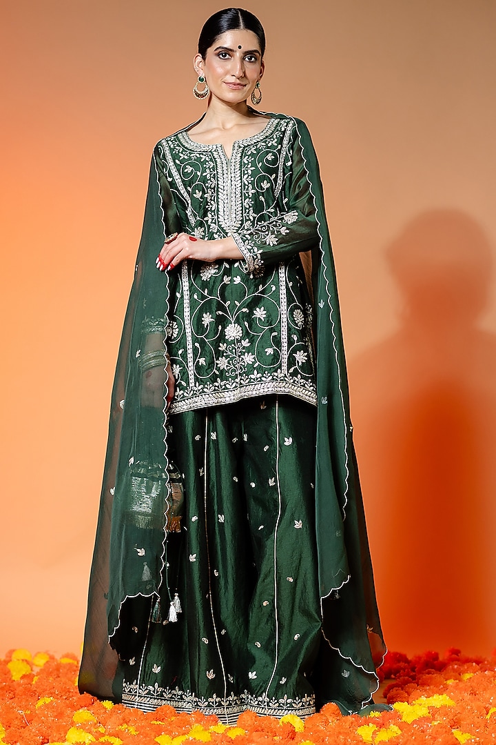 Bottle Green Chanderi Silk Gota Patti Embroidered Flared Sharara Set by ANGSA BY NIDHIR & SHELLY at Pernia's Pop Up Shop