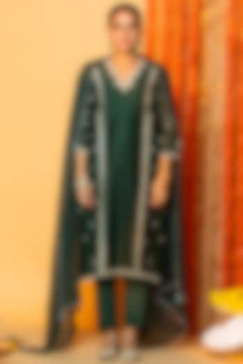 Bottle Green Chanderi Silk Zardosi & Gota Patti Embroidered Kalidar Kurta Set by ANGSA BY NIDHIR & SHELLY