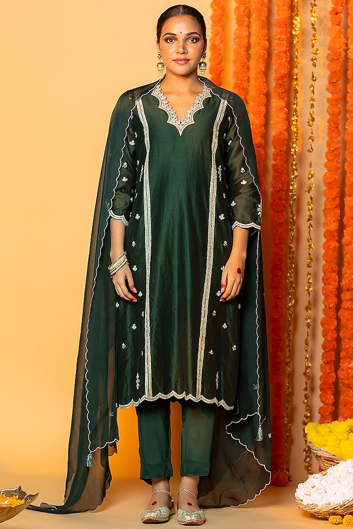 Bottle Green Chanderi Silk Zardosi & Gota Patti Embroidered Kalidar Kurta Set by ANGSA BY NIDHIR & SHELLY