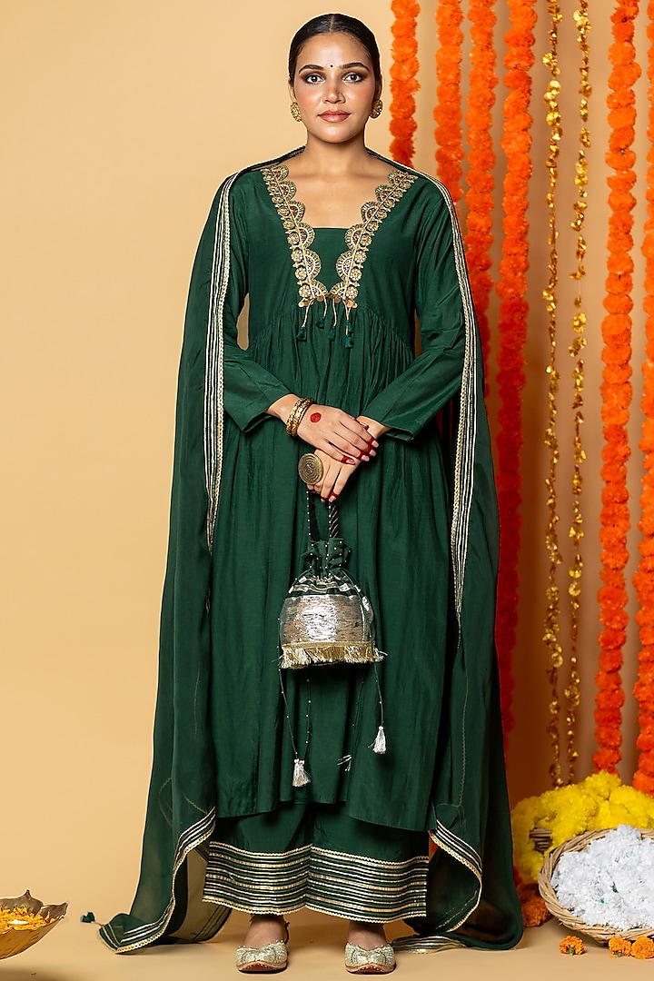 Bottle Green Cotton Silk Zardosi Embroidered Kurta Set by ANGSA BY NIDHIR & SHELLY at Pernia's Pop Up Shop