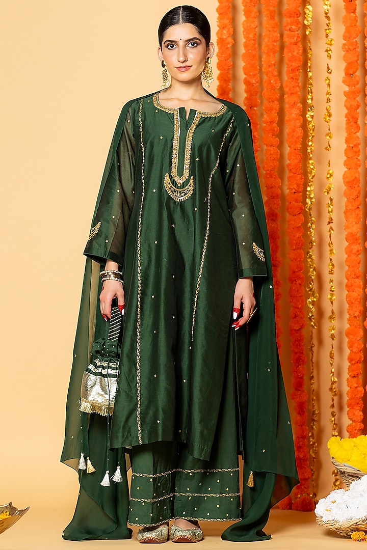 Bottle Green Chanderi Silk Zardosi Embroidered Kalidar Kurta Set by ANGSA BY NIDHIR & SHELLY