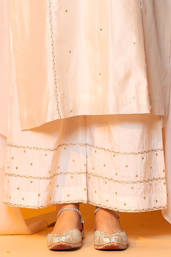 Beige Chanderi Silk Zardosi Embroidered Kalidar Kurta Set by ANGSA BY NIDHIR & SHELLY at Pernia's Pop Up Shop
