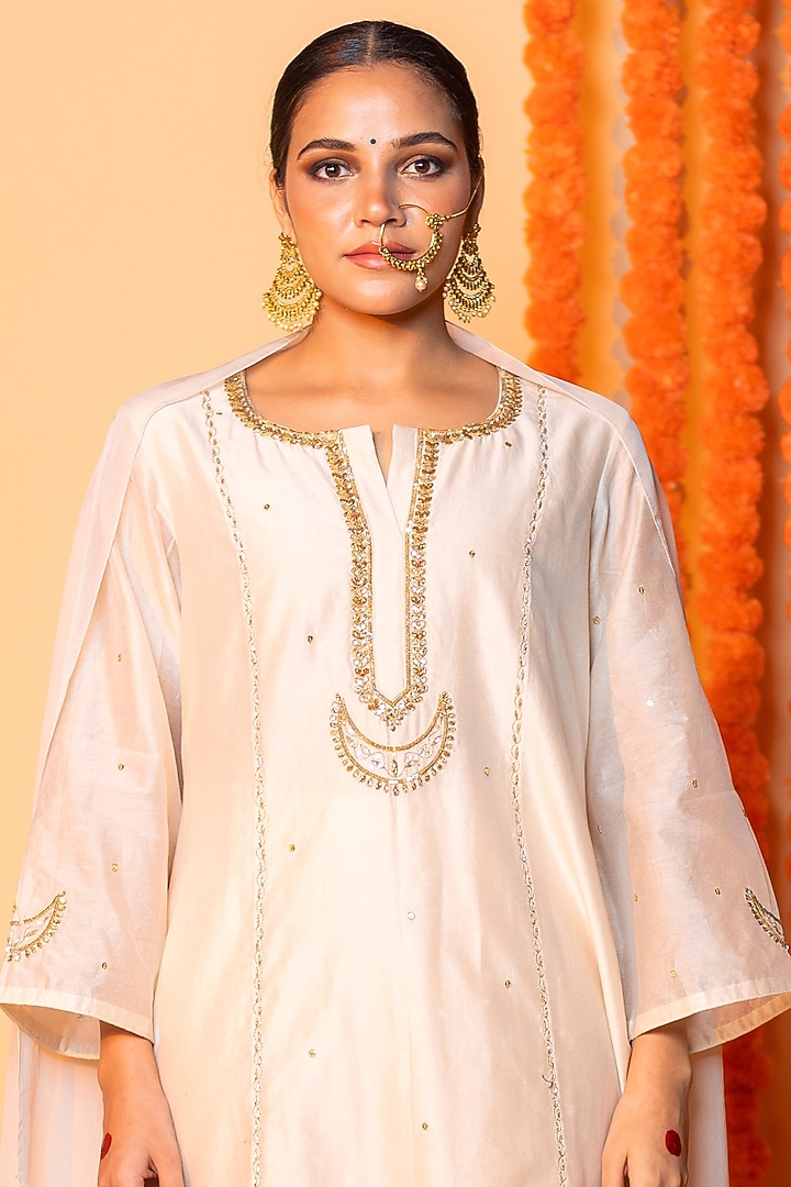 Beige Chanderi Silk Zardosi Embroidered Kalidar Kurta Set by ANGSA BY NIDHIR & SHELLY at Pernia's Pop Up Shop