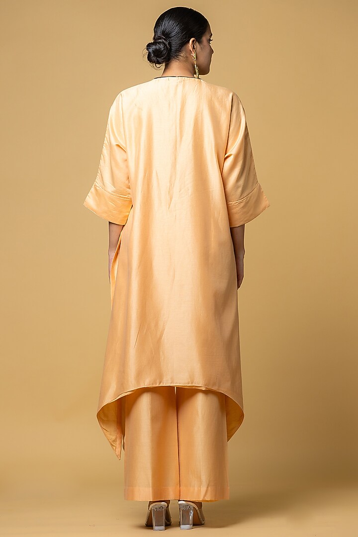 Peach Chanderi Silk Sequins Embroidered Zipper Kurta Set by ANGSA BY NIDHIR & SHELLY at Pernia's Pop Up Shop