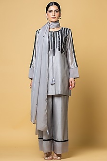Silver Grey Chanderi Silk Zardosi Embroidered Stripe Short Kurta Set ...
