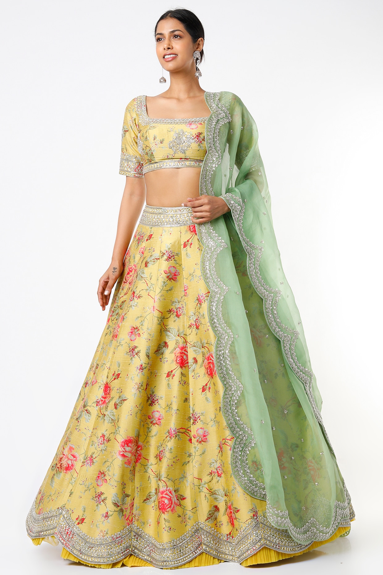 Gorgeous Yellow Floral Printed Banglory Silk Wedding Lehenga