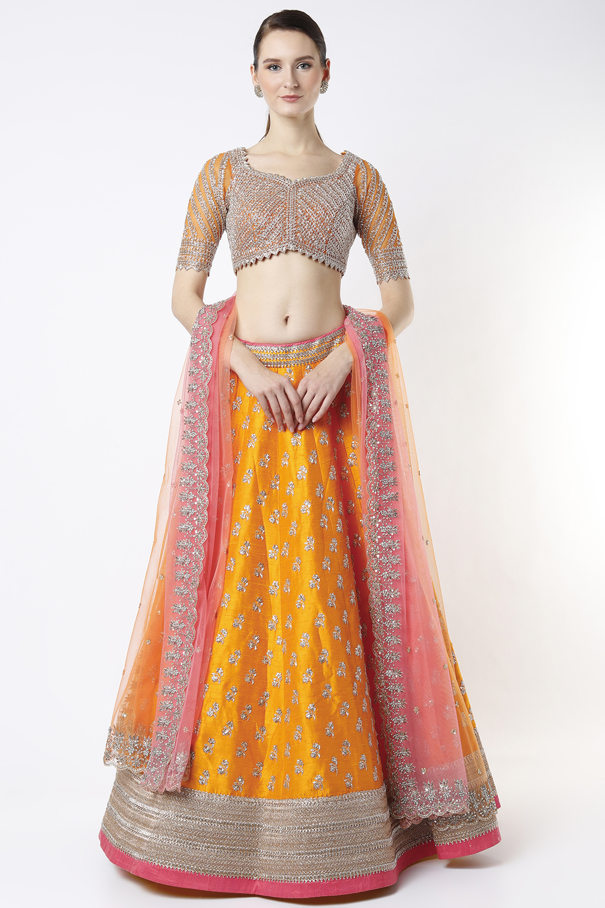 Coral Embroidered Lehenga Set by Anushree Reddy