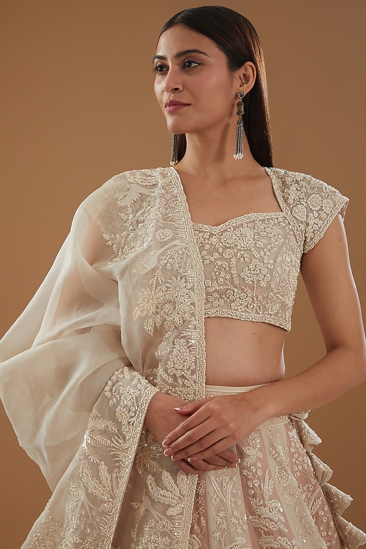 Ivory Organza Embroidered Bridal Lehenga Set by Anushree Reddy at Pernia's Pop Up Shop