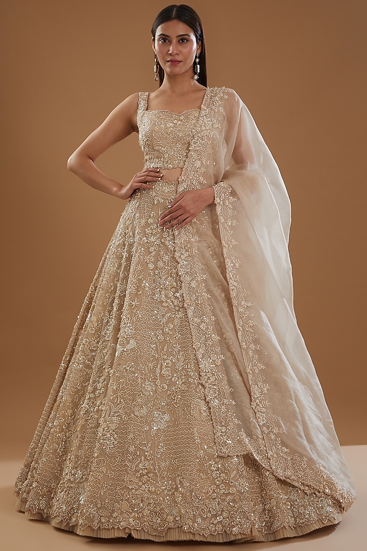 Ivory Organza Embroidered Bridal Lehenga Set by Anushree Reddy at Pernia's Pop Up Shop