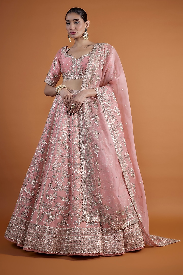 Pink Raw Silk Zardosi Embroidered Bridal Lehenga Set by Anushree Reddy at Pernia's Pop Up Shop