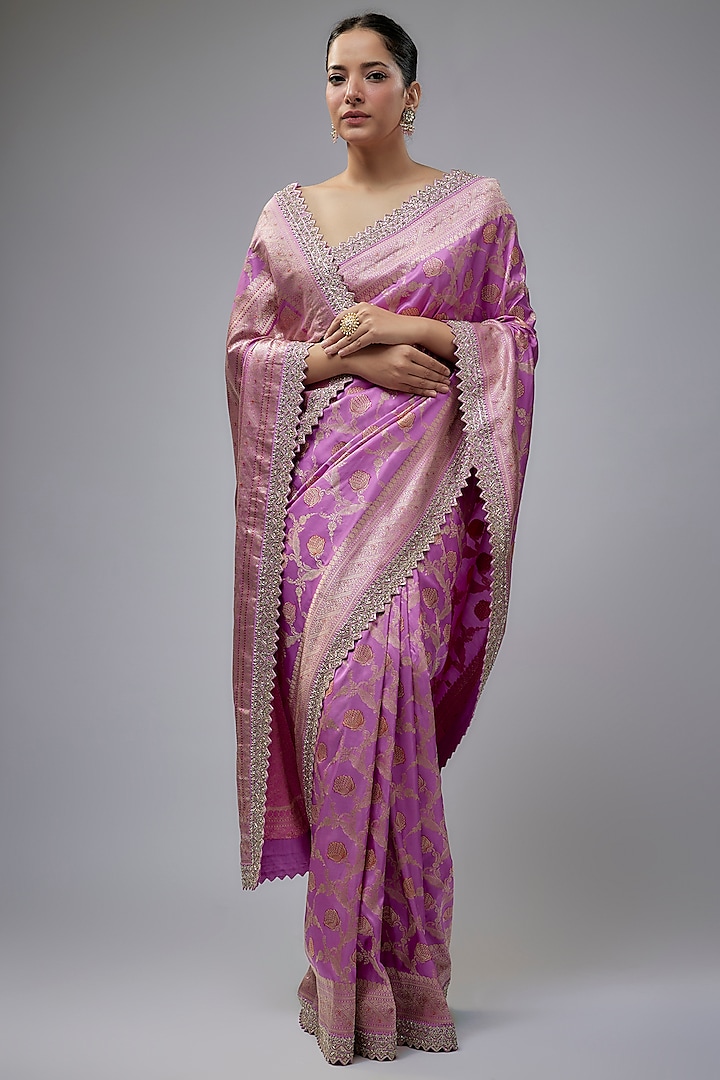 Lavender Silk Zardosi Hand Embroidered Banarasi Handwoven Bridal Saree Set by Anushree Reddy at Pernia's Pop Up Shop