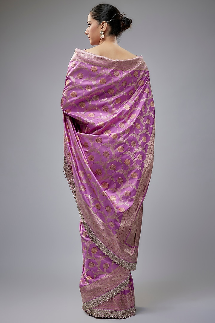 Lavender Silk Zardosi Hand Embroidered Banarasi Handwoven Bridal Saree Set by Anushree Reddy at Pernia's Pop Up Shop