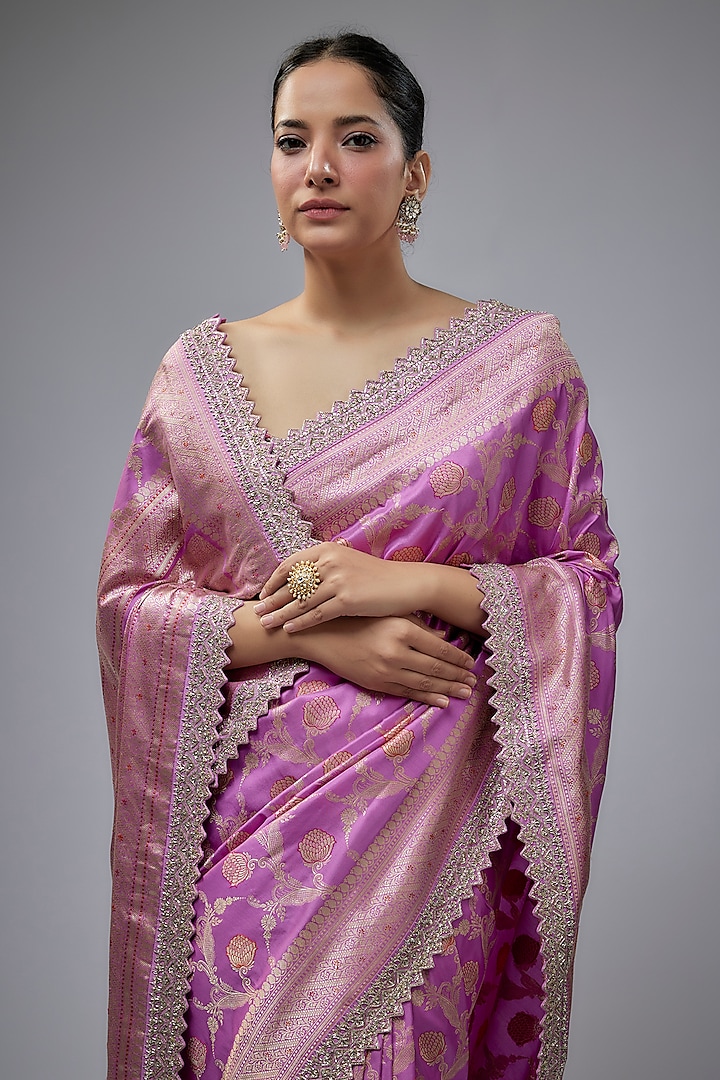 Lavender Silk Zardosi Hand Embroidered Banarasi Handwoven Bridal Saree Set by Anushree Reddy at Pernia's Pop Up Shop