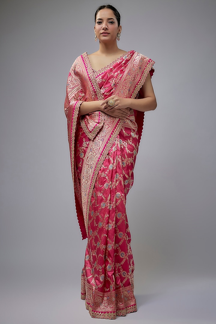 Pink Silk Zardosi Hand Embroidered Banarasi Handwoven Bridal Saree Set by Anushree Reddy at Pernia's Pop Up Shop