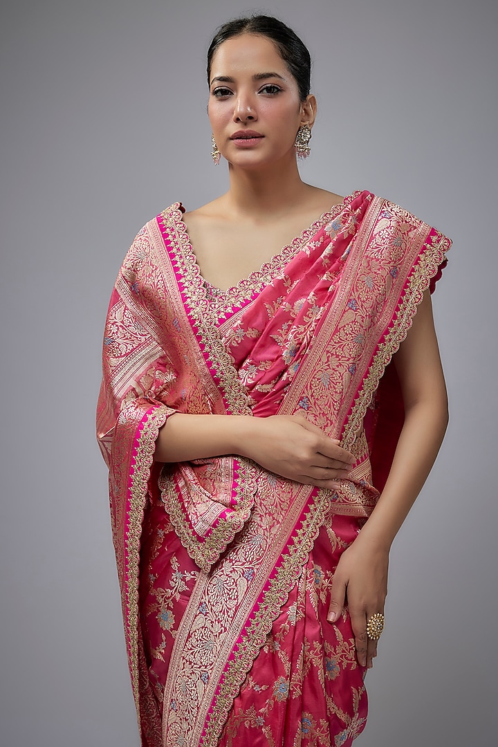 Pink Silk Zardosi Hand Embroidered Banarasi Handwoven Bridal Saree Set by Anushree Reddy at Pernia's Pop Up Shop