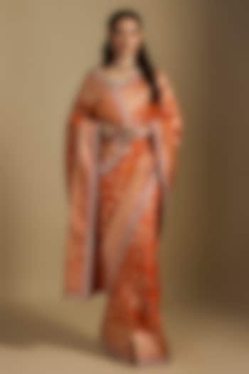 Orange Silk Hand Embroidered Banarasi Bridal Saree Set by Anushree Reddy at Pernia's Pop Up Shop