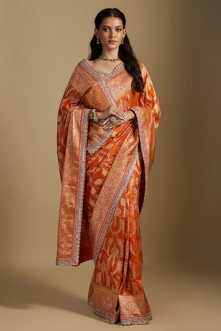 Orange Silk Hand Embroidered Banarasi Bridal Saree Set by Anushree Reddy at Pernia's Pop Up Shop