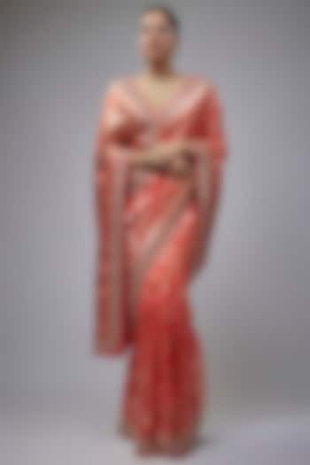 Coral Silk Zardosi Hand Embroidered Banarasi Handwoven Saree Set by Anushree Reddy at Pernia's Pop Up Shop