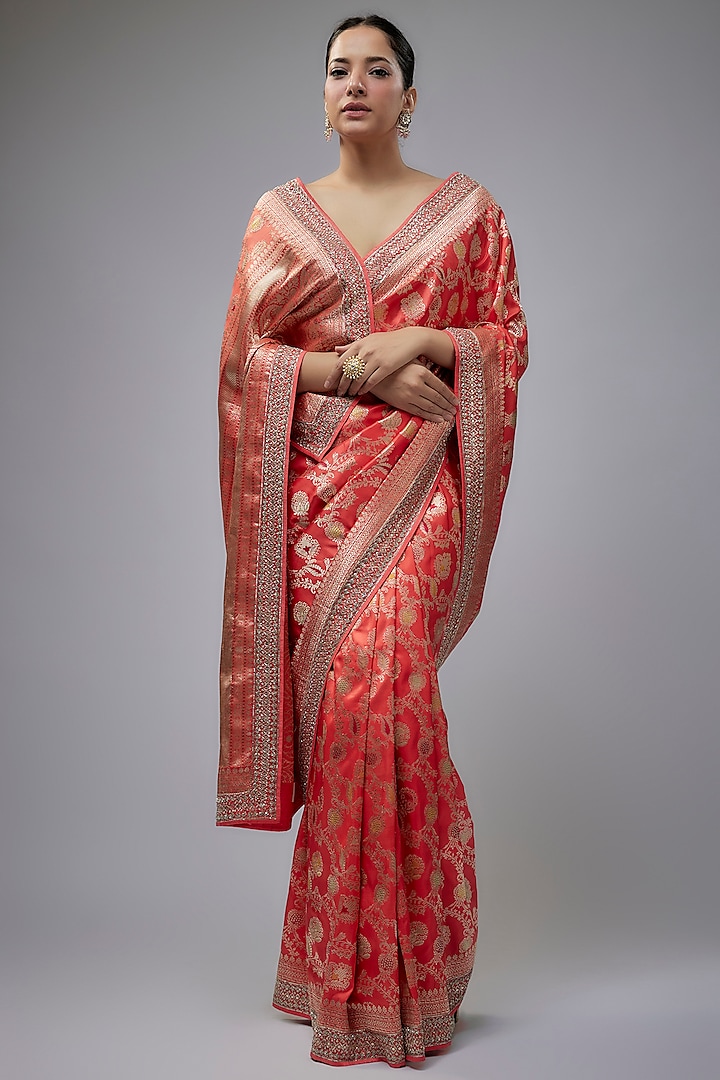 Coral Silk Zardosi Hand Embroidered Banarasi Handwoven Saree Set by Anushree Reddy at Pernia's Pop Up Shop