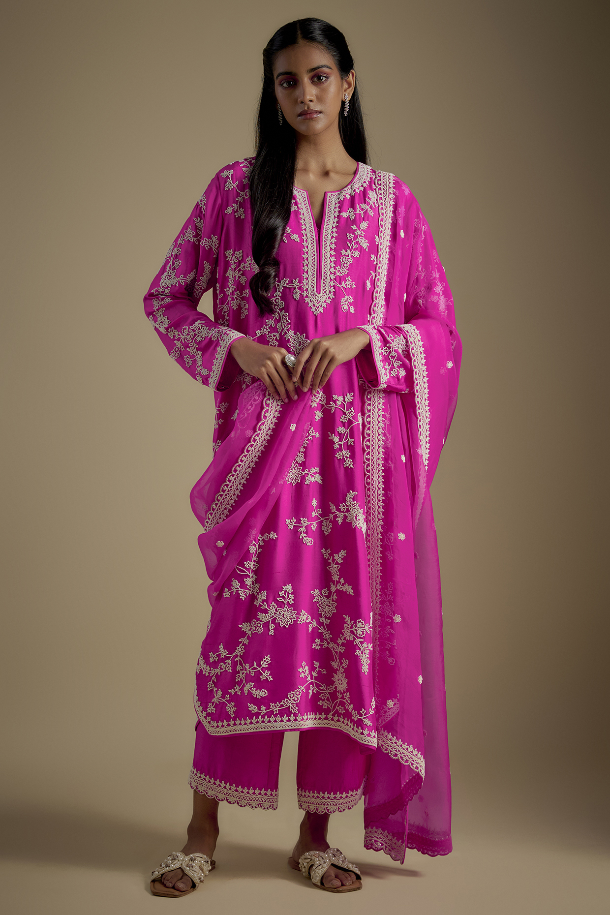 Hot Pink Dupion Silk Hand Embroidered Kurta Set by Anushree Reddy at Pernia's Pop Up Shop