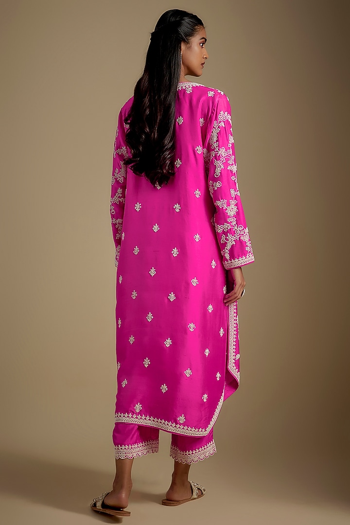 Hot Pink Dupion Silk Hand Embroidered Kurta Set by Anushree Reddy at Pernia's Pop Up Shop