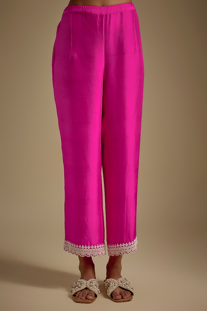 Hot Pink Dupion Silk Hand Embroidered Kurta Set by Anushree Reddy at Pernia's Pop Up Shop