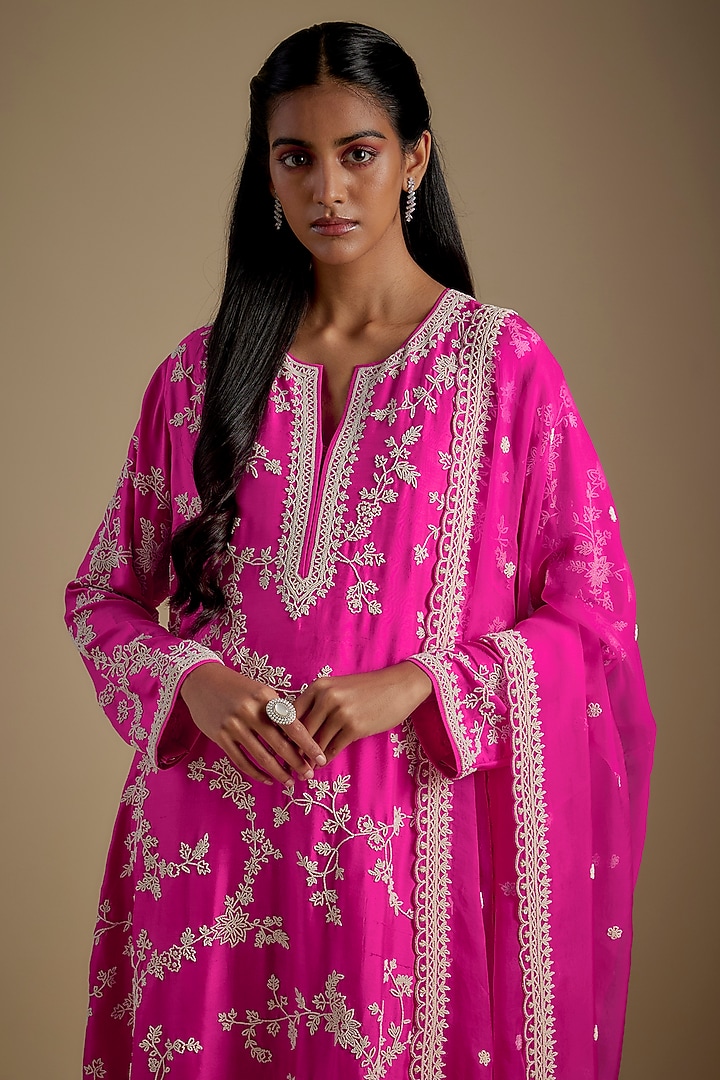 Hot Pink Dupion Silk Hand Embroidered Kurta Set by Anushree Reddy at Pernia's Pop Up Shop