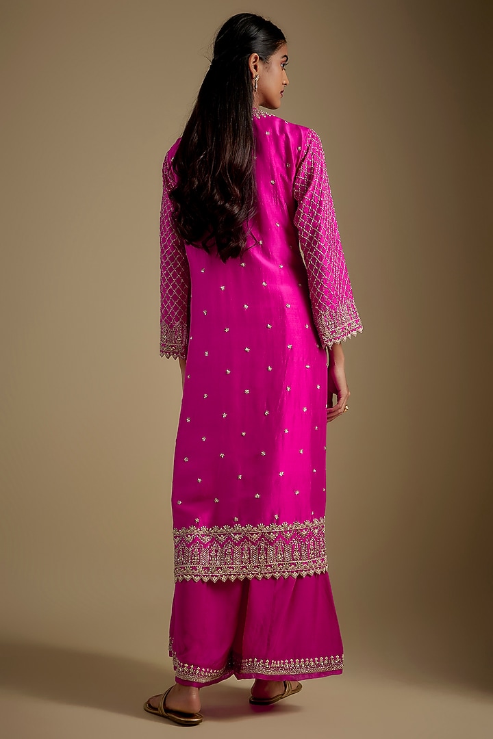 Hot Pink Dupion Silk Hand Embroidered Kurta Set by Anushree Reddy at Pernia's Pop Up Shop