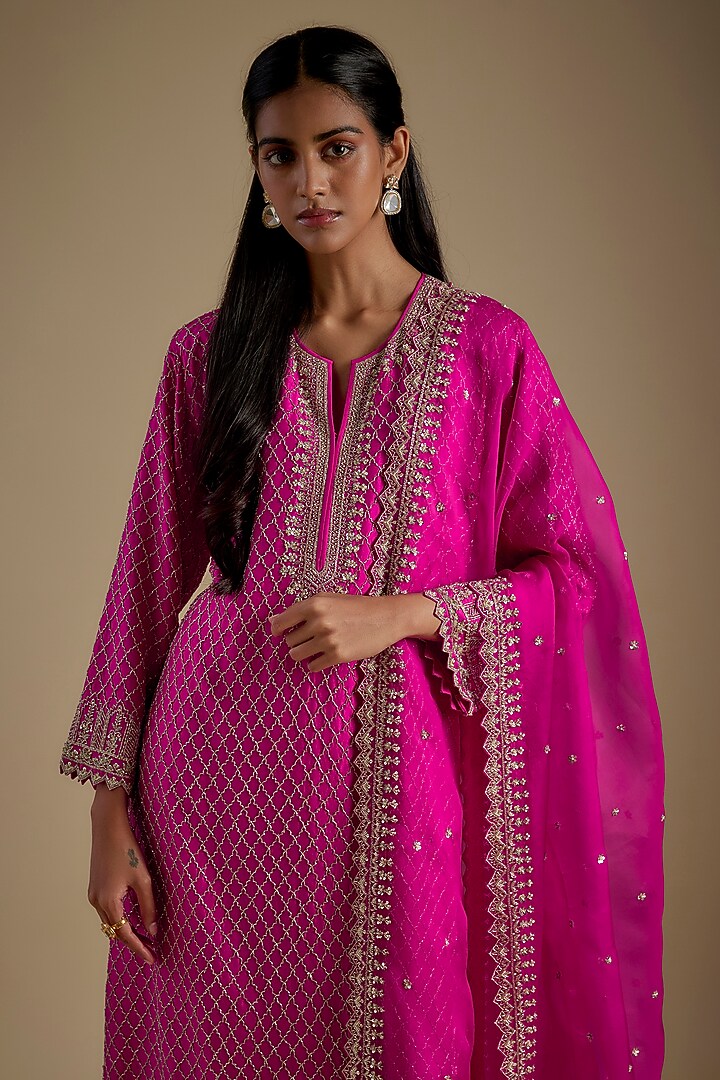 Hot Pink Dupion Silk Hand Embroidered Kurta Set by Anushree Reddy at Pernia's Pop Up Shop